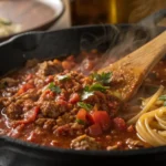 Rich spaghetti bolognese z miesem wolowym sauce simmering in a pan with steam rising.