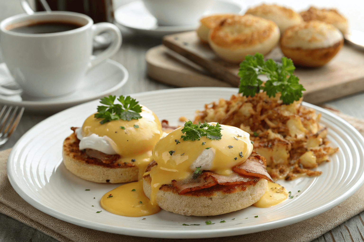 Classic Eggs Benedict with poached eggs, hollandaise sauce, and Canadian bacon on an English muffin