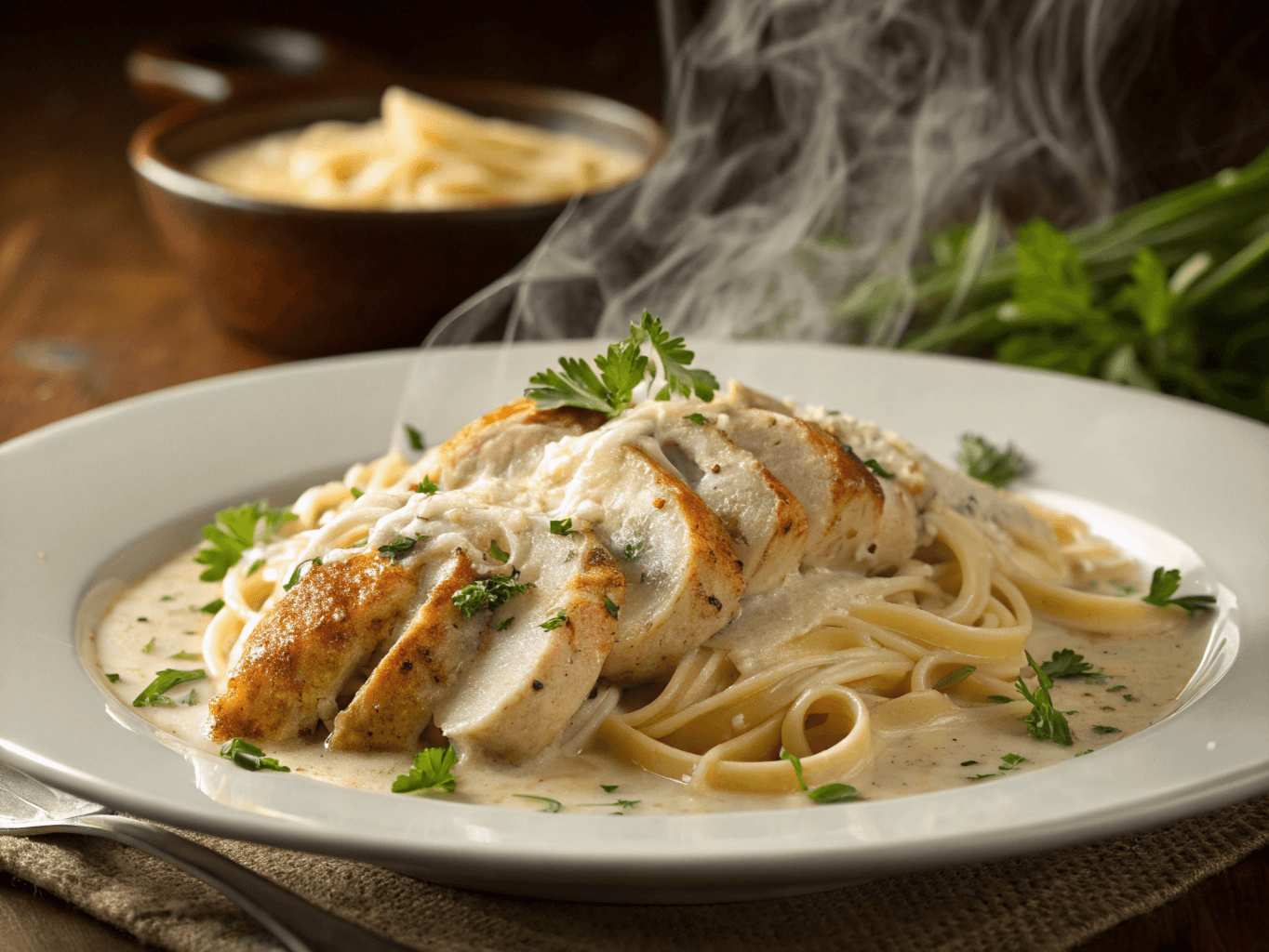 A delicious plate of Garlic Parmesan Chicken Pasta with creamy sauce, tender chicken, and fresh Parmesan, garnished with parsley