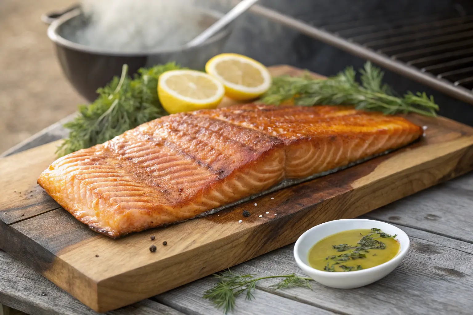 Smoked pellet grill salmon fillet with a golden-brown crust, garnished with lemon and fresh dill on a wooden board.