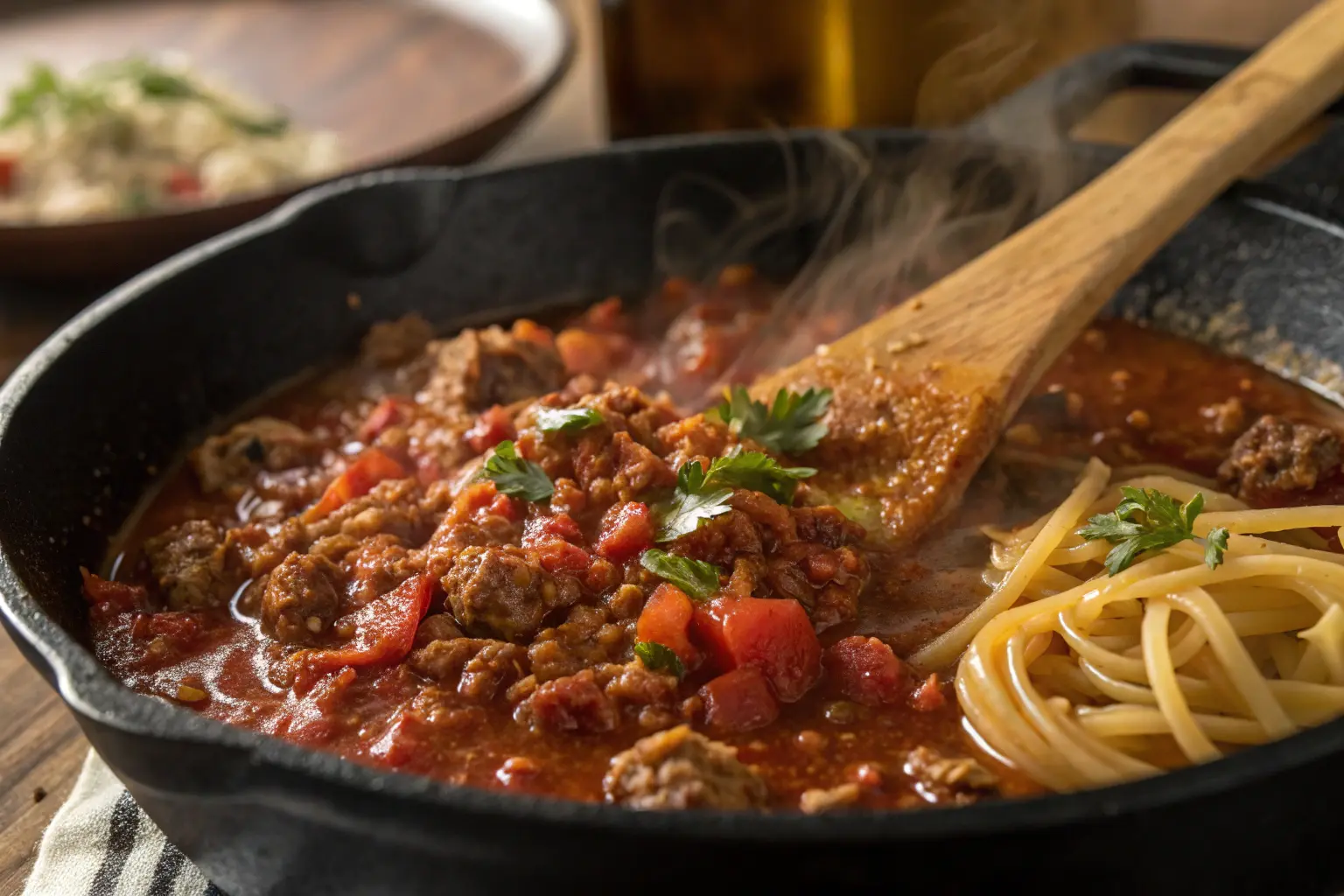 Rich spaghetti bolognese z miesem wolowym sauce simmering in a pan with steam rising.