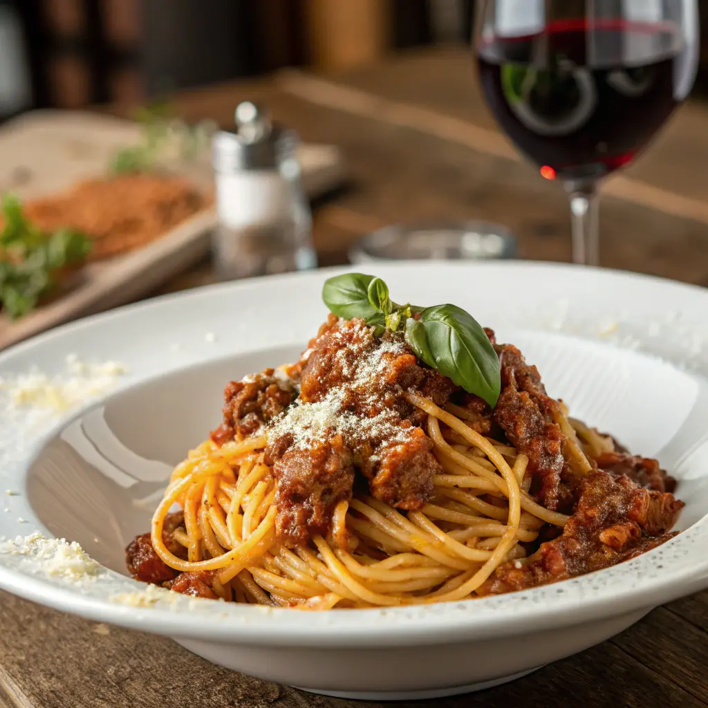  A beautifully plated dish of spaghetti bolognese z miesem wolowym topped with Parmesan and fresh basil.