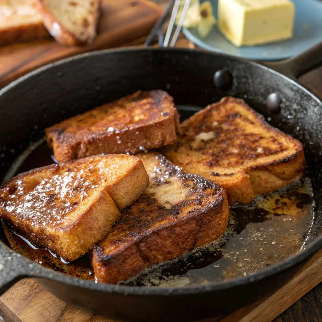 Golden-brown French Toast Cinnamon Brioche Bread sizzling in a skillet with bubbling butter.