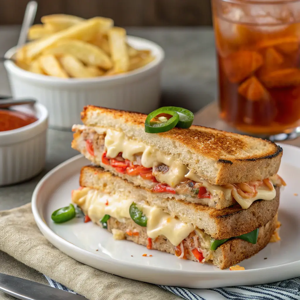 Spicy tuna melt on Texas toast, topped with jalapeños, melted pepper jack cheese, and sriracha mayo.