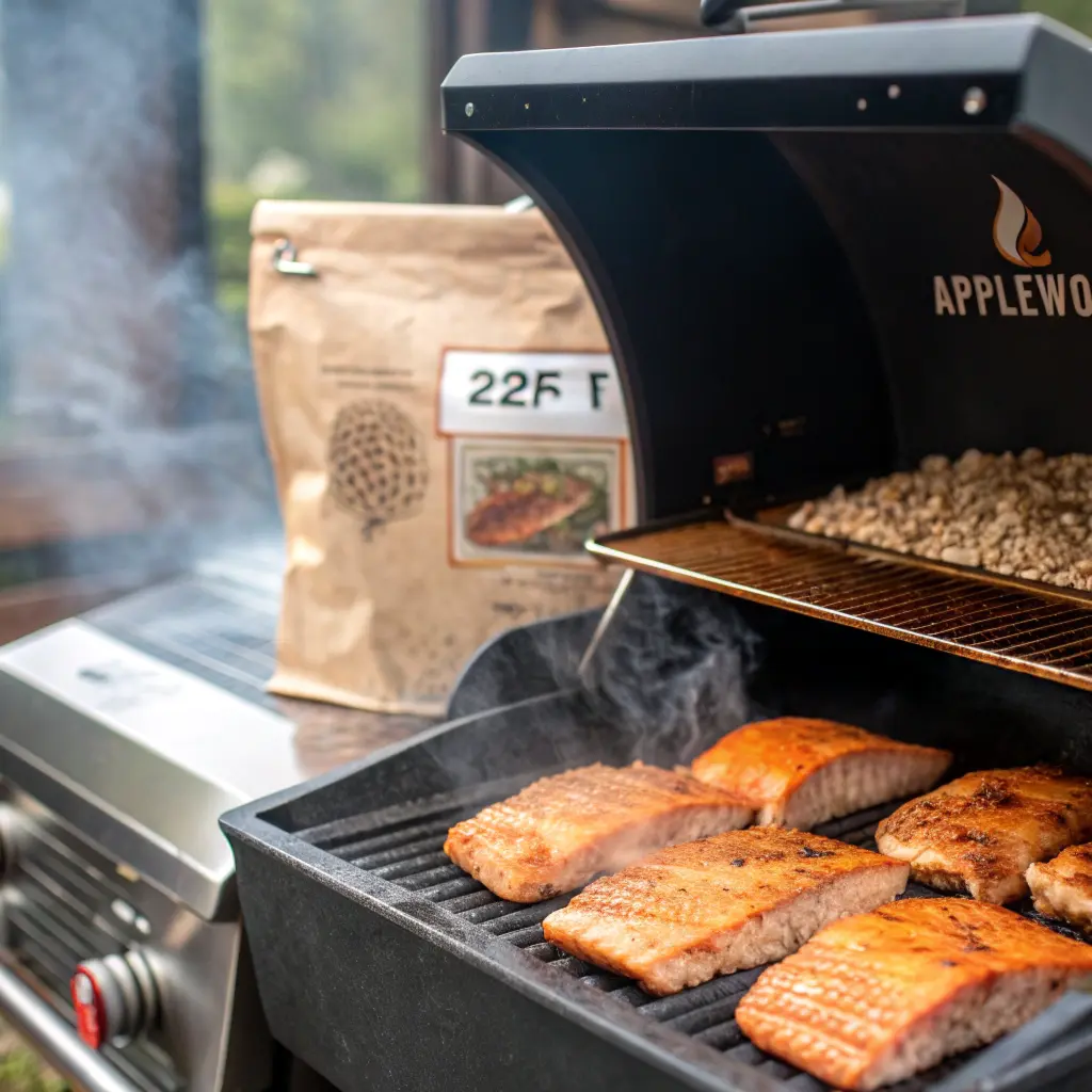 Salmon fillets cooking on a pellet grill at 225°F with smoke rising, infused with rich wood-fired flavor.