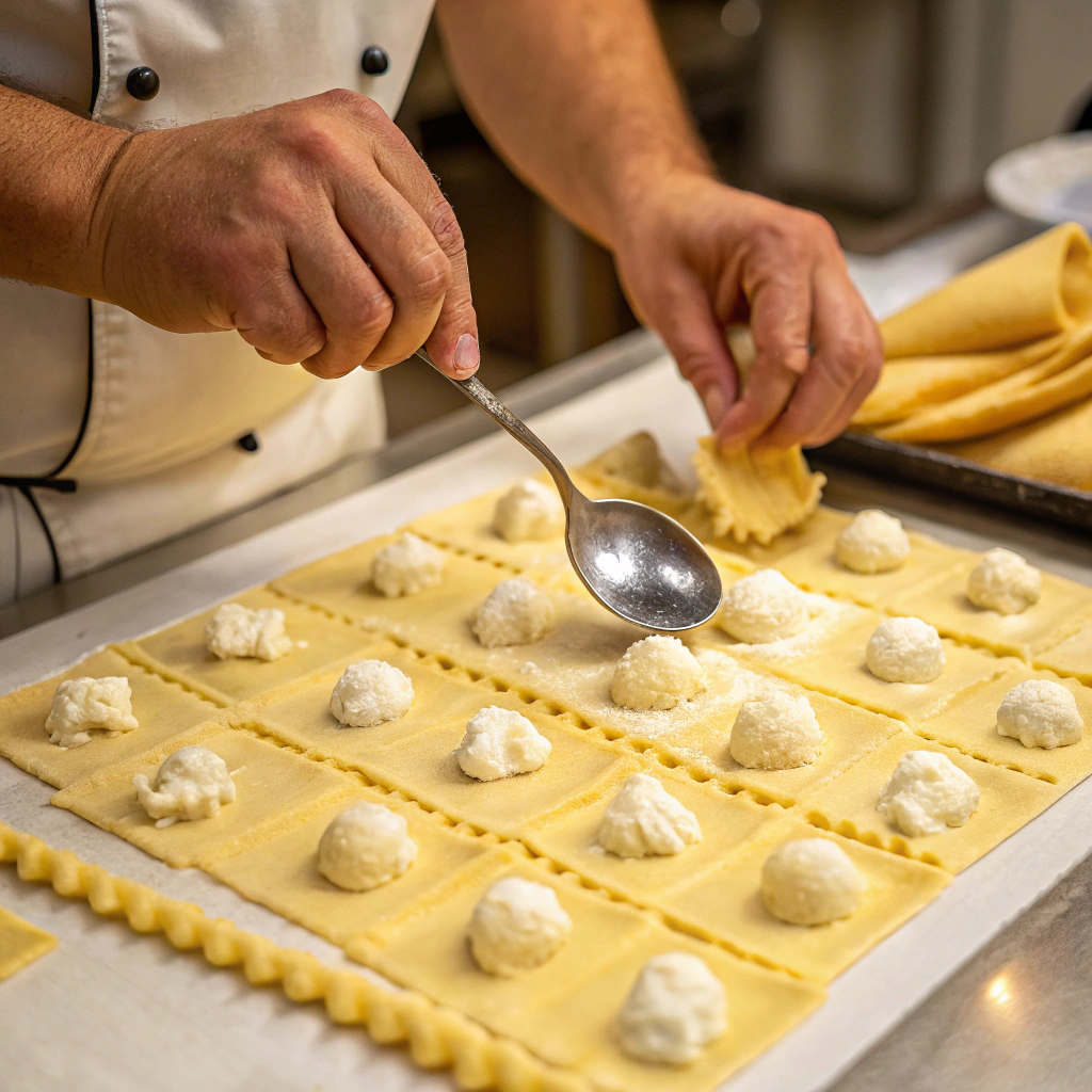 Close-up of a chef filling Sorrentini pasta with creamy mozzarella for Mozzarella Sorrentini Pasta with Basil and Fresh Tomato Sauce.