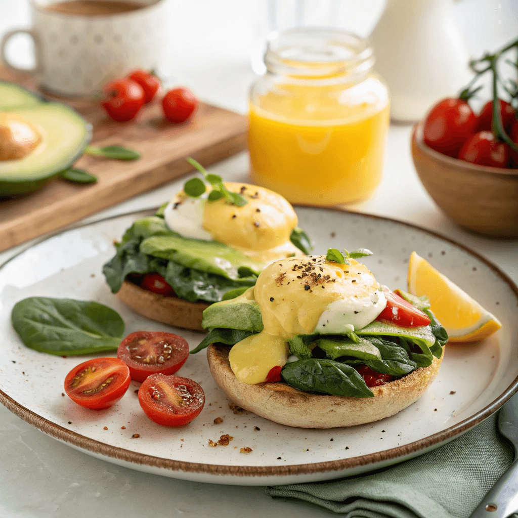 Vegetarian Eggs Benedict with avocado, sautéed spinach, and poached eggs on whole grain toast