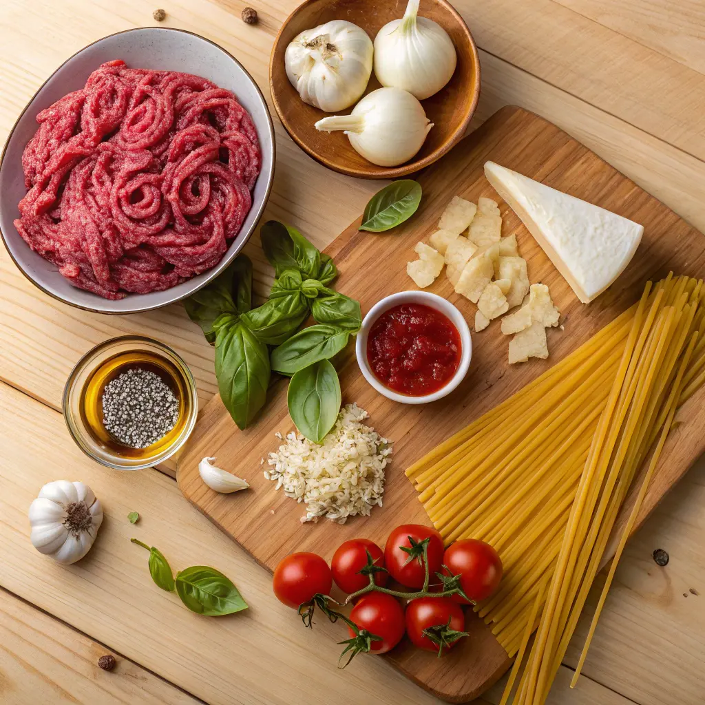 Fresh ingredients for spaghetti bolognese z miesem wolowym displayed on a wooden surface.