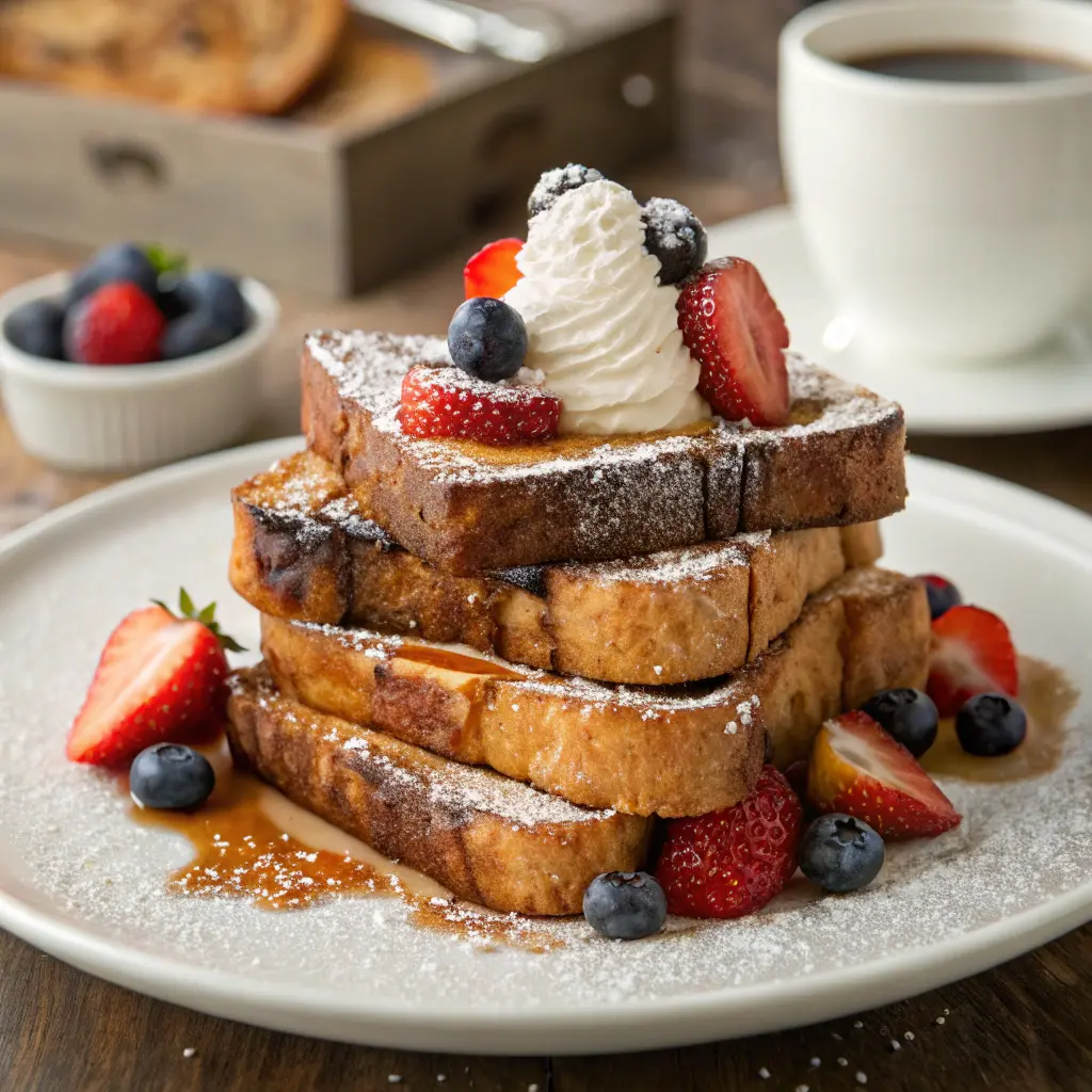 A plate of French Toast Cinnamon Brioche Bread topped with maple syrup, powdered sugar, and fresh berries.