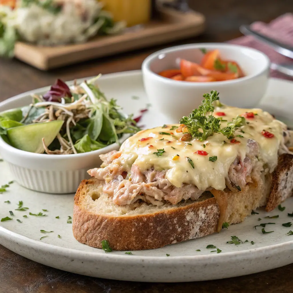 Open-faced tuna melt on artisan rye bread, topped with broiled Swiss cheese and fresh herbs.