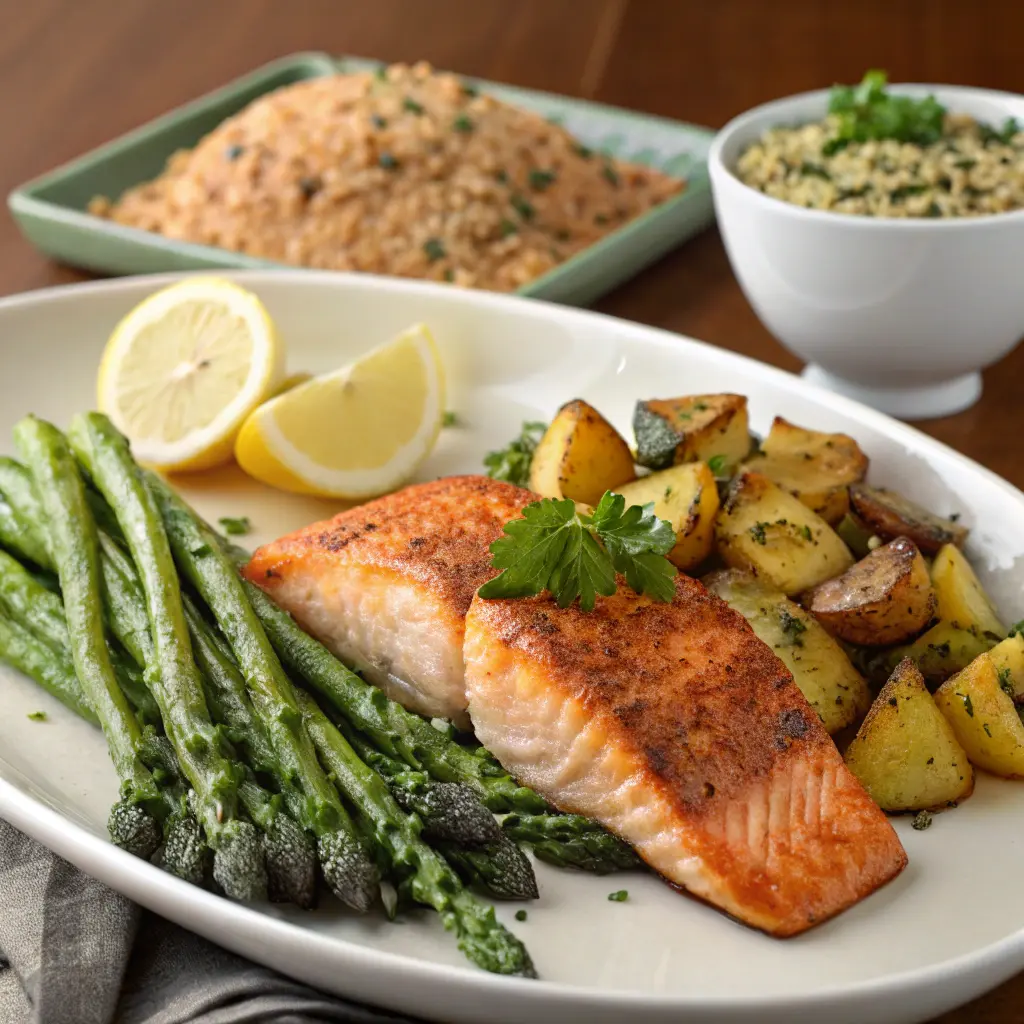 Crispy-skinned pellet grill salmon served with grilled asparagus, roasted potatoes, and quinoa salad.