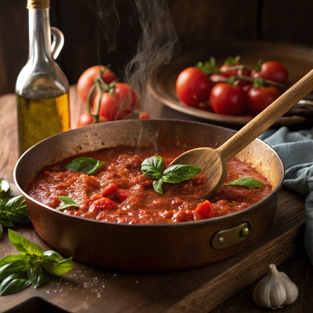  A pot of fresh tomato sauce simmering with basil, garlic, and olive oil for Mozzarella Sorrentini Pasta with Basil and Fresh Tomato Sauce.