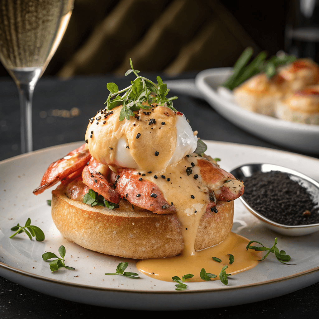  Lobster Eggs Benedict with truffle hollandaise on a toasted brioche bun, garnished with microgreens