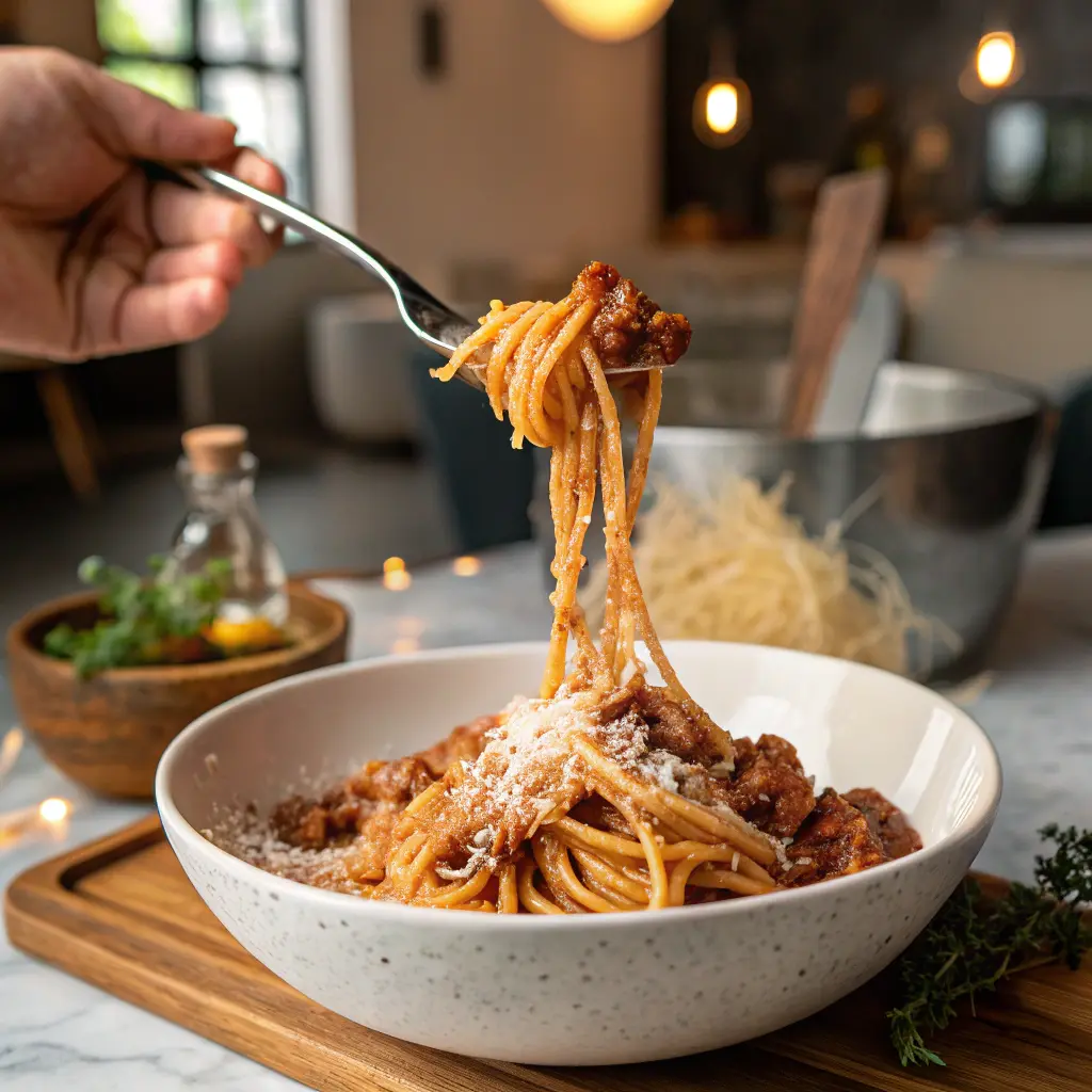  A fork lifting spaghetti bolognese z miesem wolowym, coated in thick sauce, with steam rising.