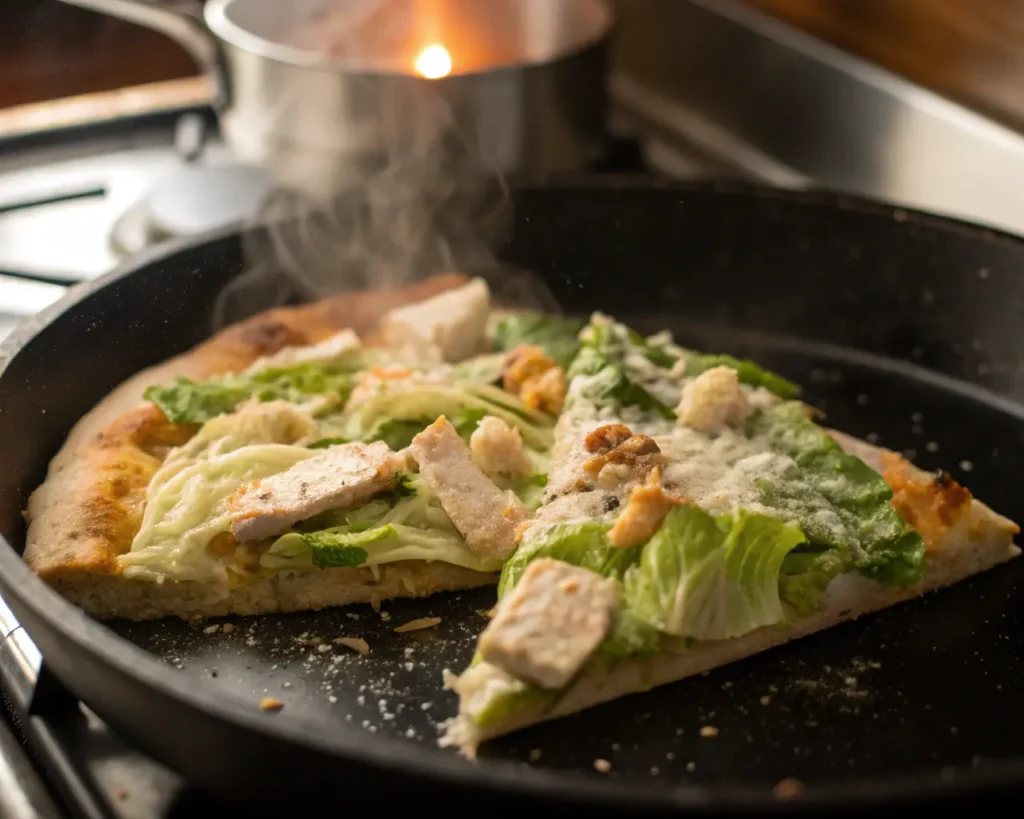 A freshly prepared chicken crust Caesar salad pizza topped with romaine lettuce, cherry tomatoes, Parmesan cheese, and a drizzle of Caesar dressing, highlighting low-calorie and keto-friendly benefits