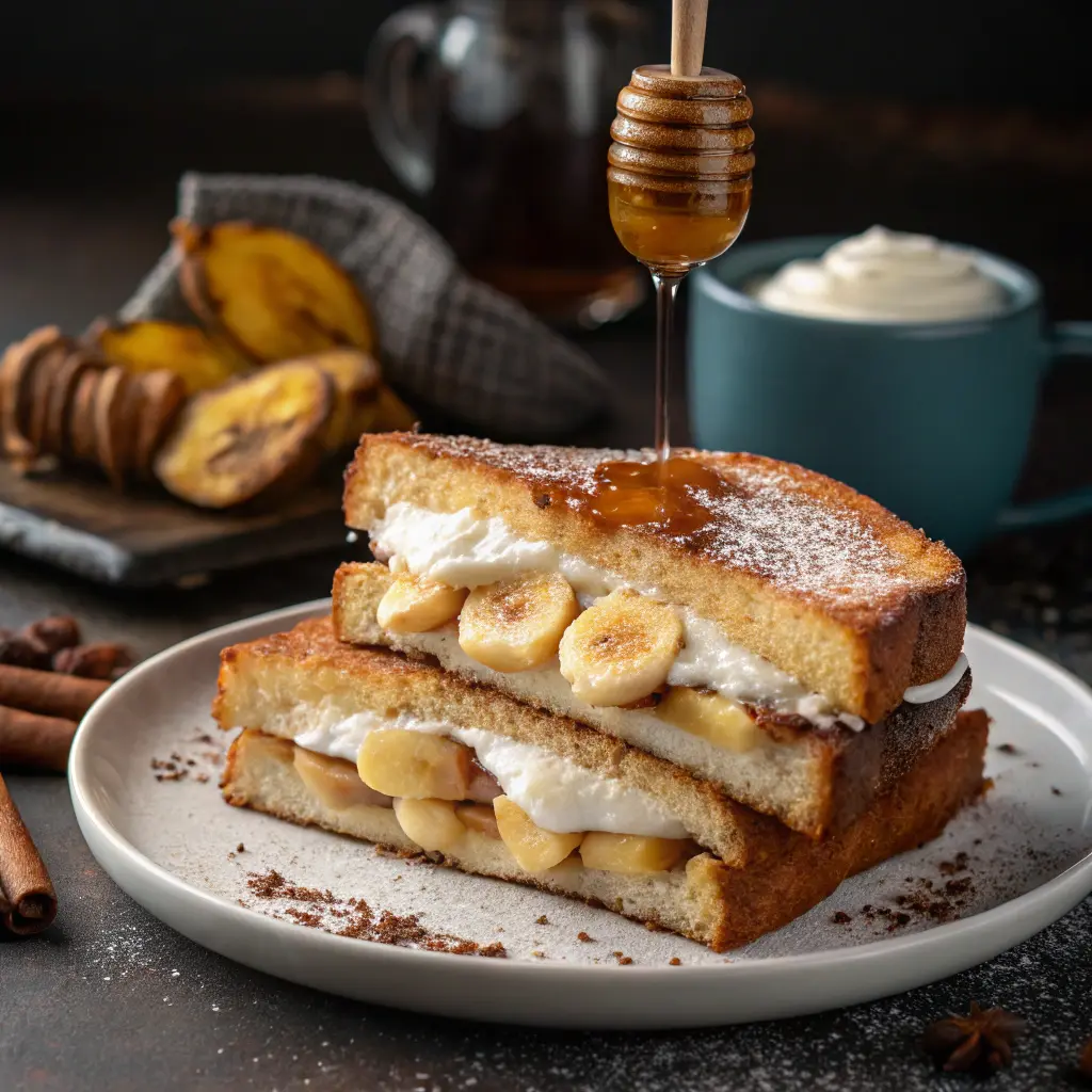 Stuffed French Toast Cinnamon Brioche Bread with cream cheese and caramelized bananas, served with honey drizzle.