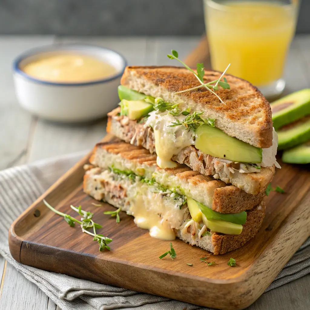 Gourmet tuna melt on sourdough, layered with avocado, melted gouda cheese, and microgreens.