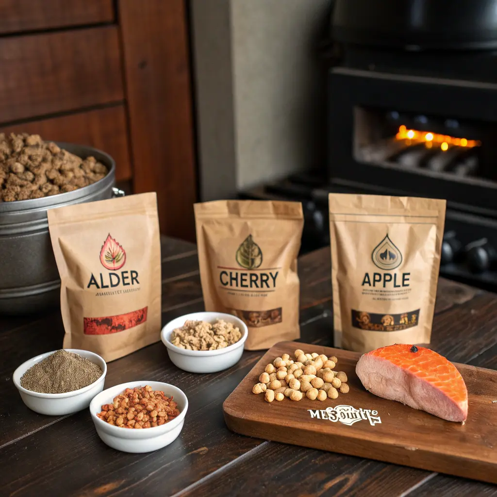  Different wood pellets including alder, cherry, apple, and hickory displayed with a smoked salmon fillet in the background.