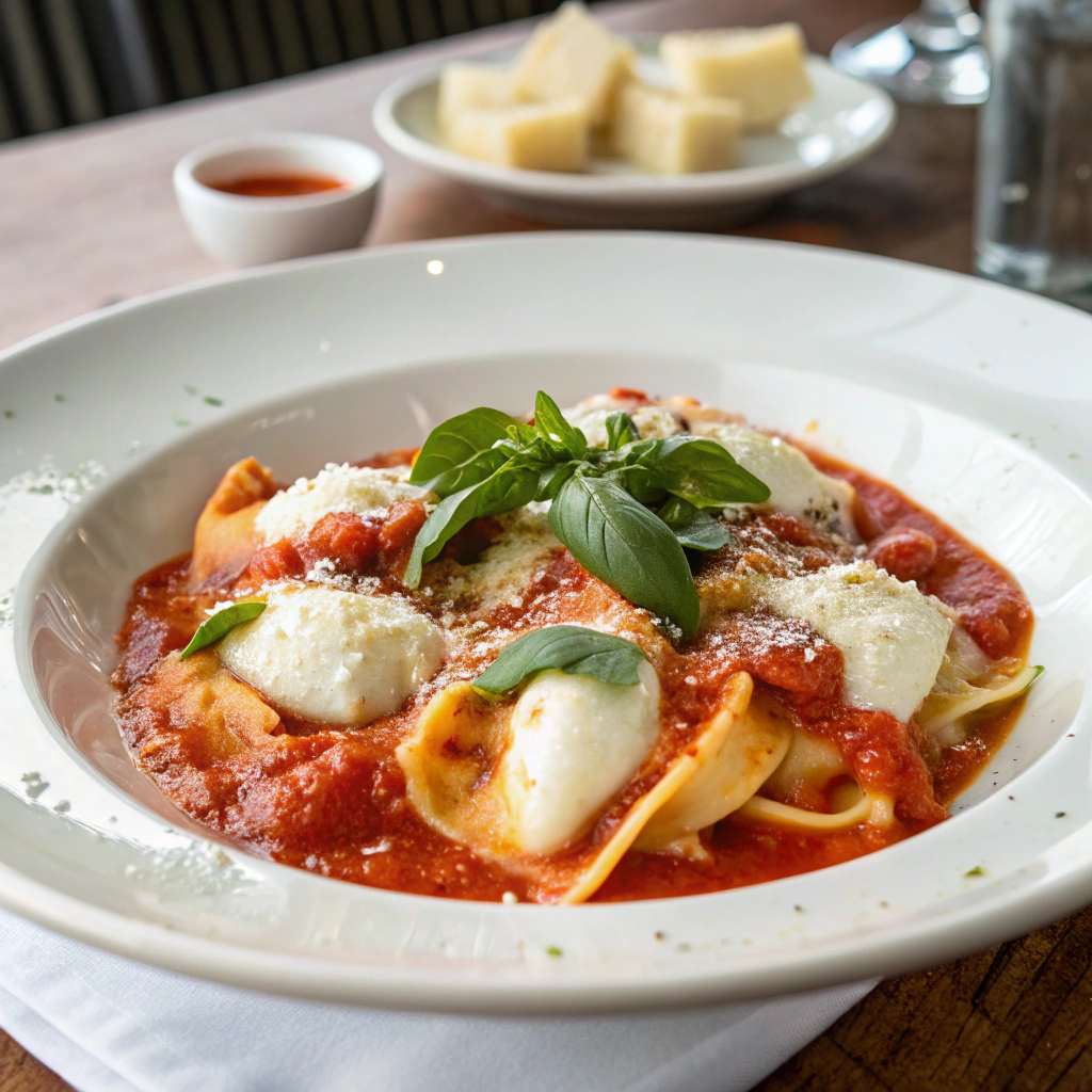 A plate of Mozzarella Sorrentini Pasta with Basil and Fresh Tomato Sauce, garnished with fresh basil and grated Parmesan.