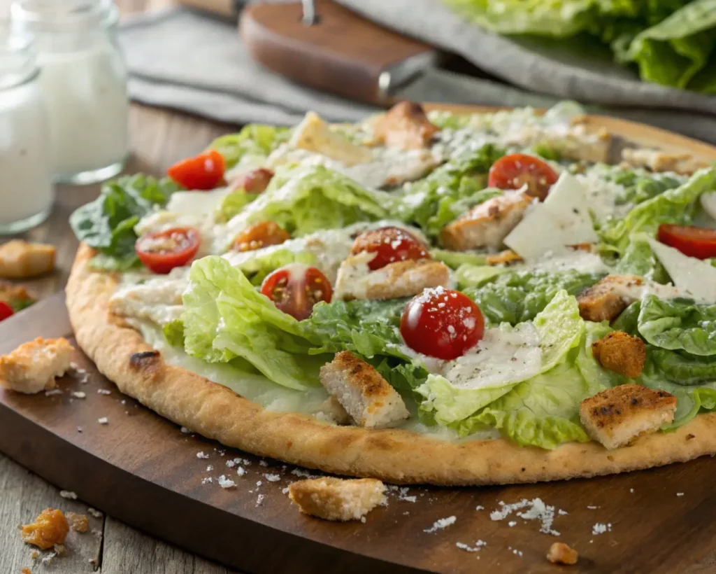 A freshly prepared chicken crust Caesar salad pizza topped with romaine lettuce, cherry tomatoes, Parmesan cheese, and a drizzle of Caesar dressing, highlighting low-calorie and keto-friendly benefits