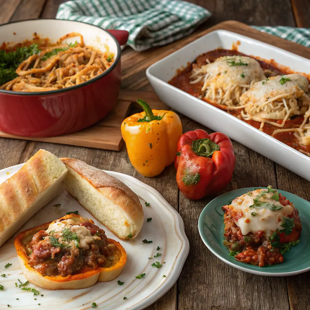 Dishes made with leftover spaghetti bolognese z miesem wolowym sauce, including stuffed peppers and baked pasta.