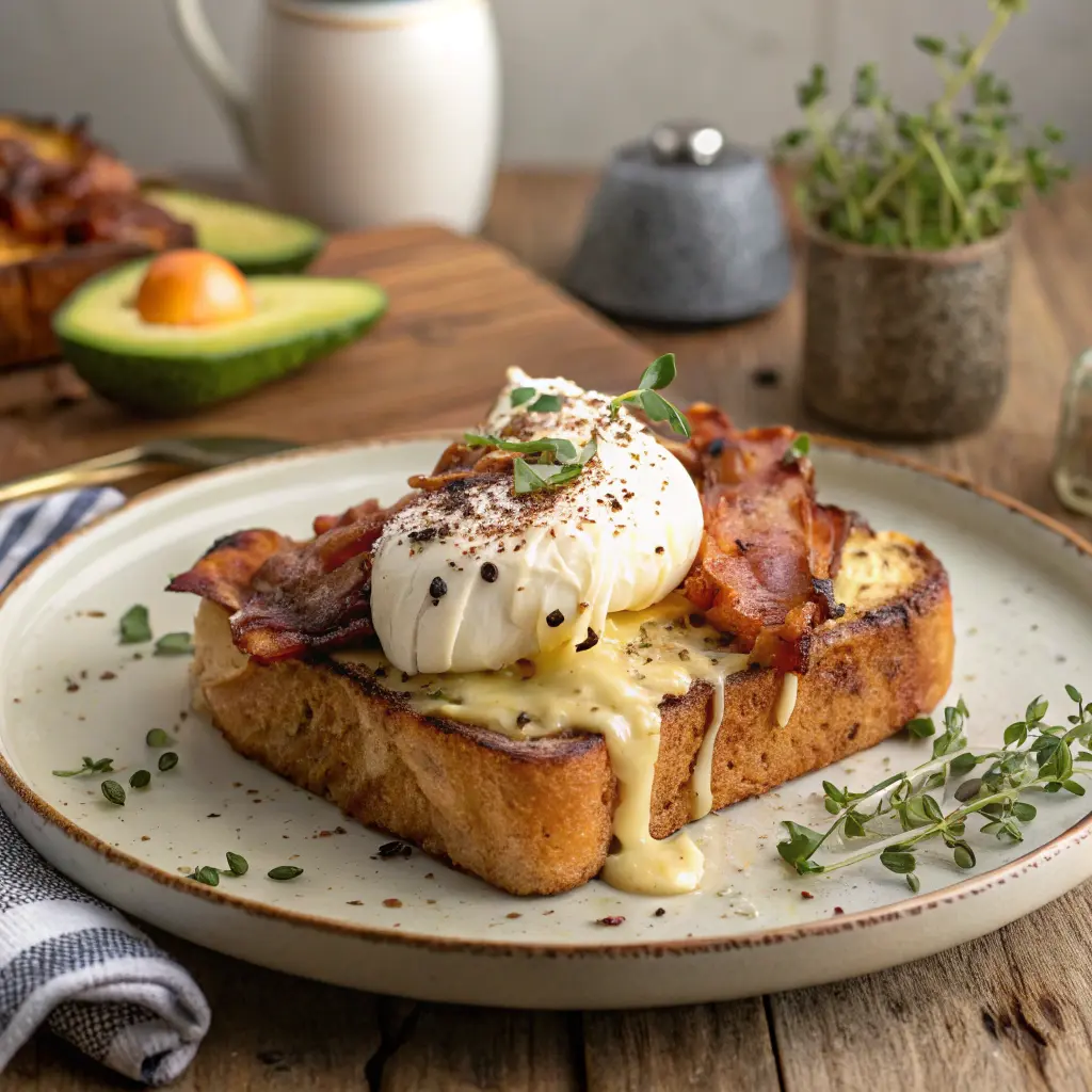 Savory French Toast Cinnamon Brioche Bread topped with melted Gruyère cheese, bacon, and a poached egg.