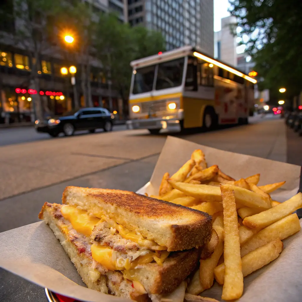 A food truck-style tuna melt served in a paper basket with crispy fries and melted cheddar cheese.