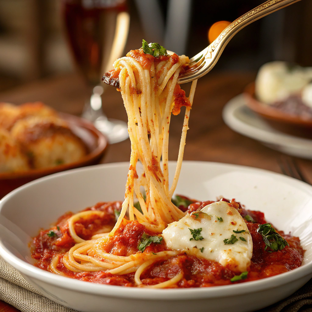 A fork lifting Mozzarella Sorrentini Pasta with Basil and Fresh Tomato Sauce, revealing a gooey mozzarella cheese pull.