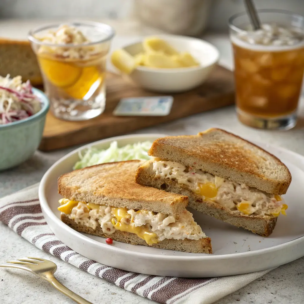 Homemade tuna melt on whole wheat bread with cheddar cheese, served with coleslaw and iced tea.