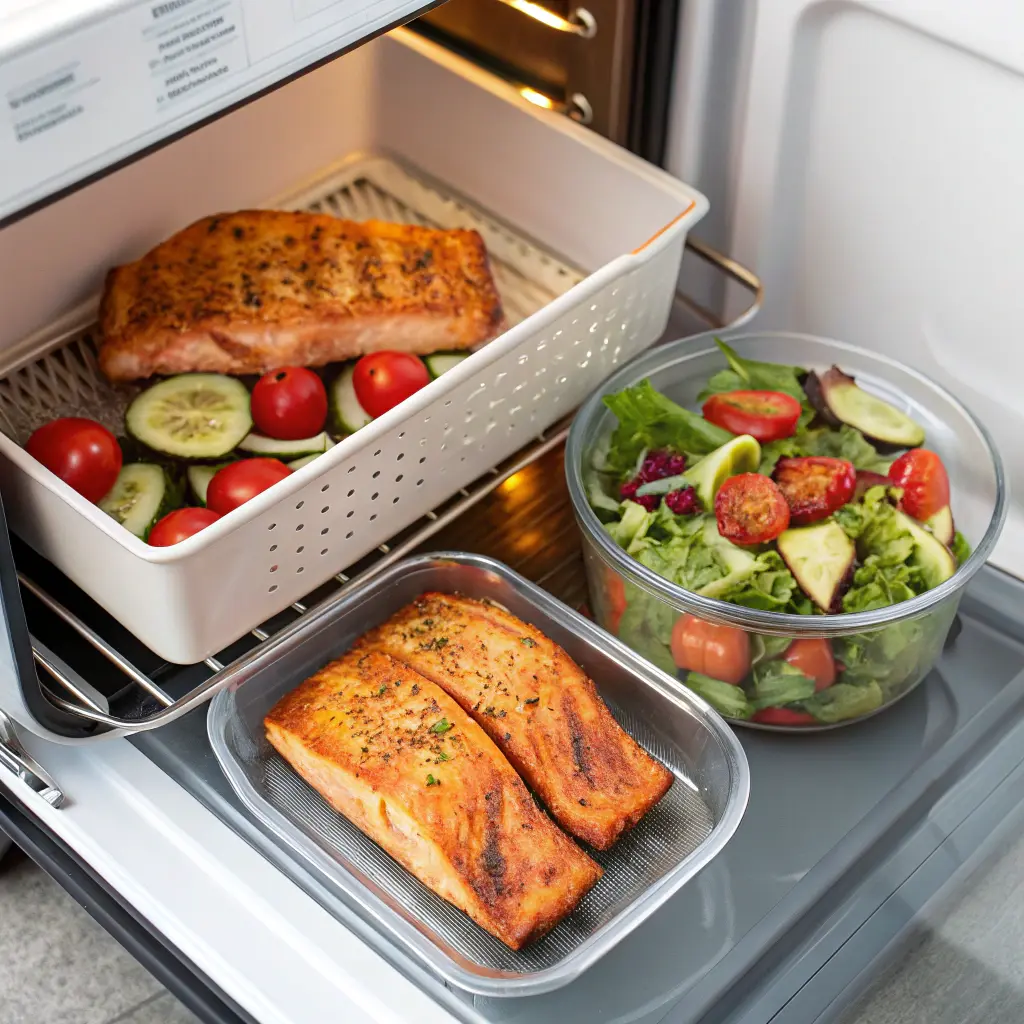 Leftover pellet grill salmon stored in an airtight container and being reheated in an air fryer.