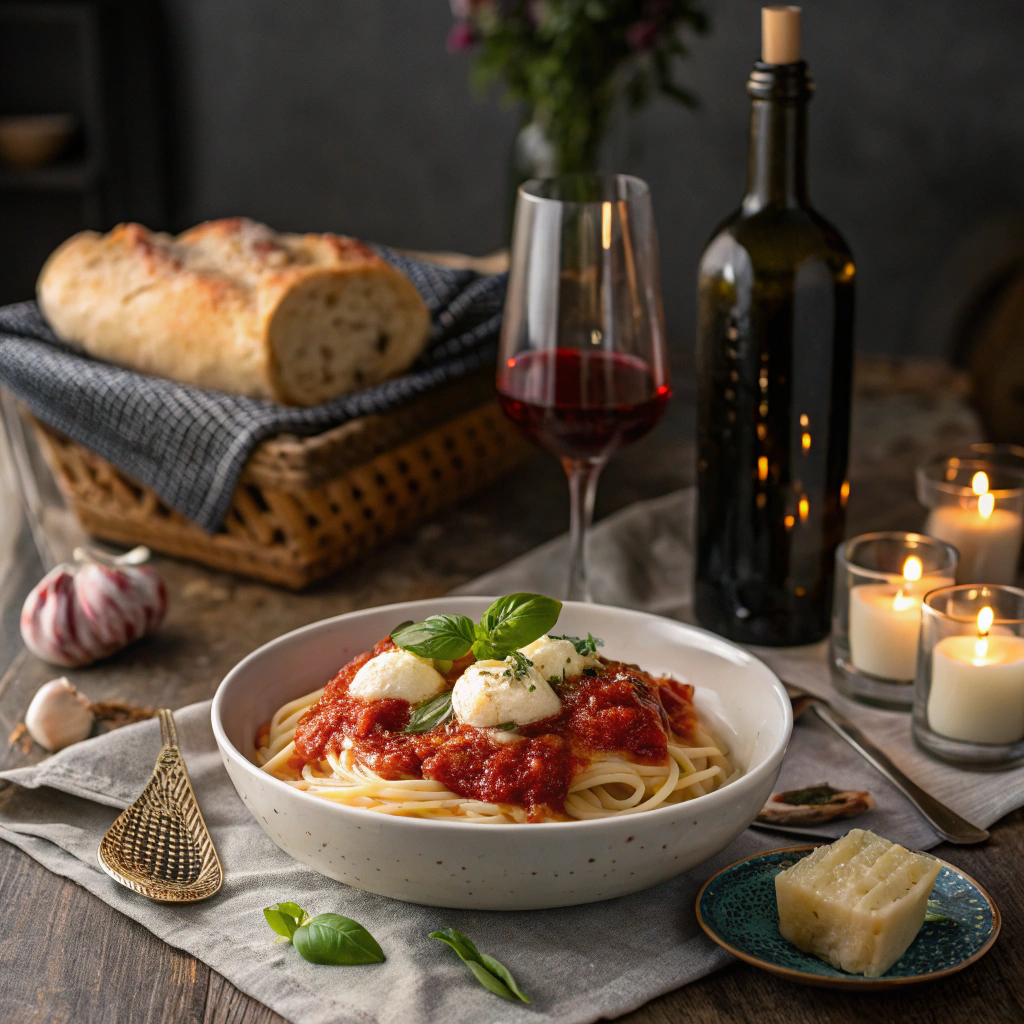 A fork lifting Mozzarella Sorrentini Pasta with Basil and Fresh Tomato Sauce, revealing a gooey mozzarella cheese pull.