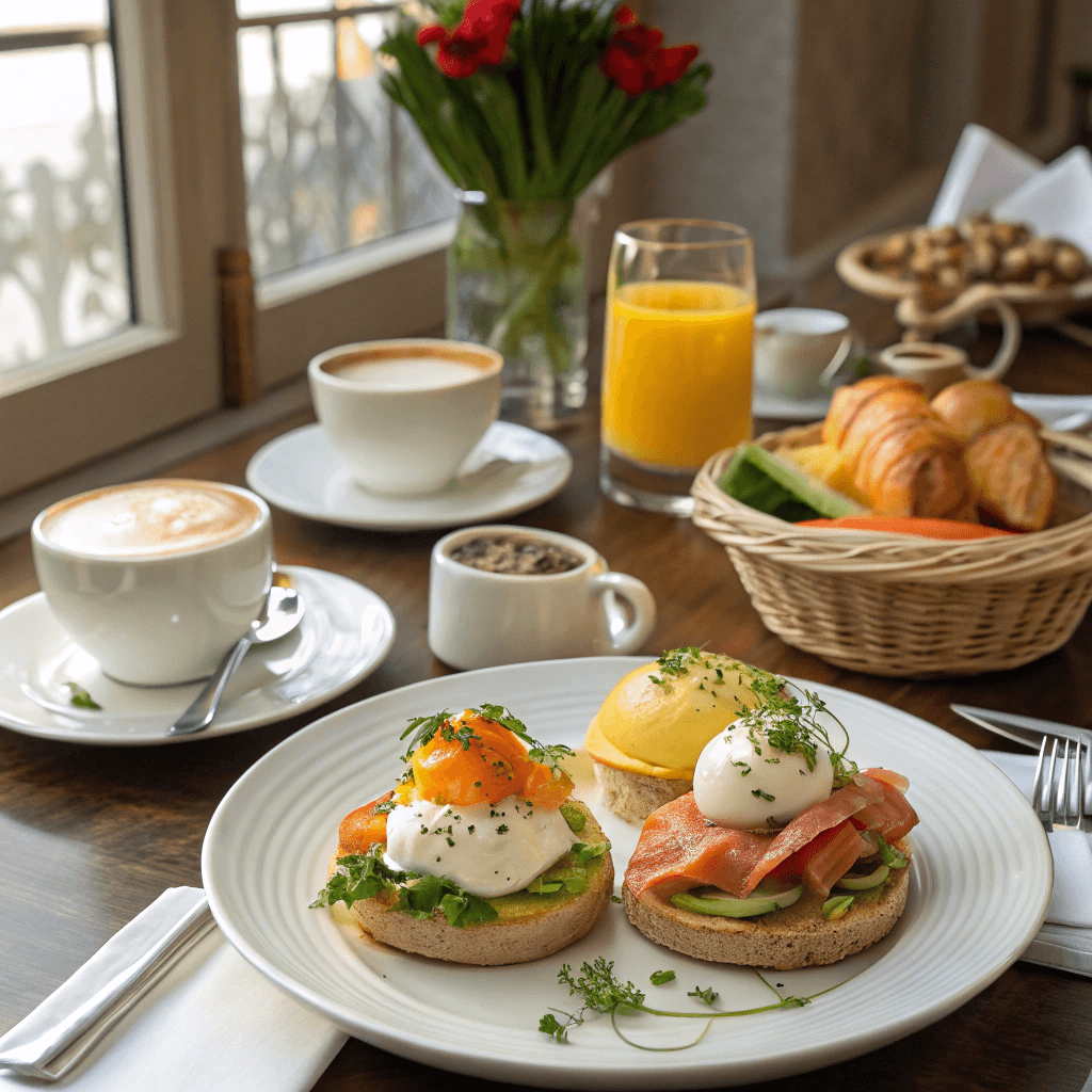 A brunch table with different varieties of Eggs Benedict, including classic, smoked salmon, and vegetarian options