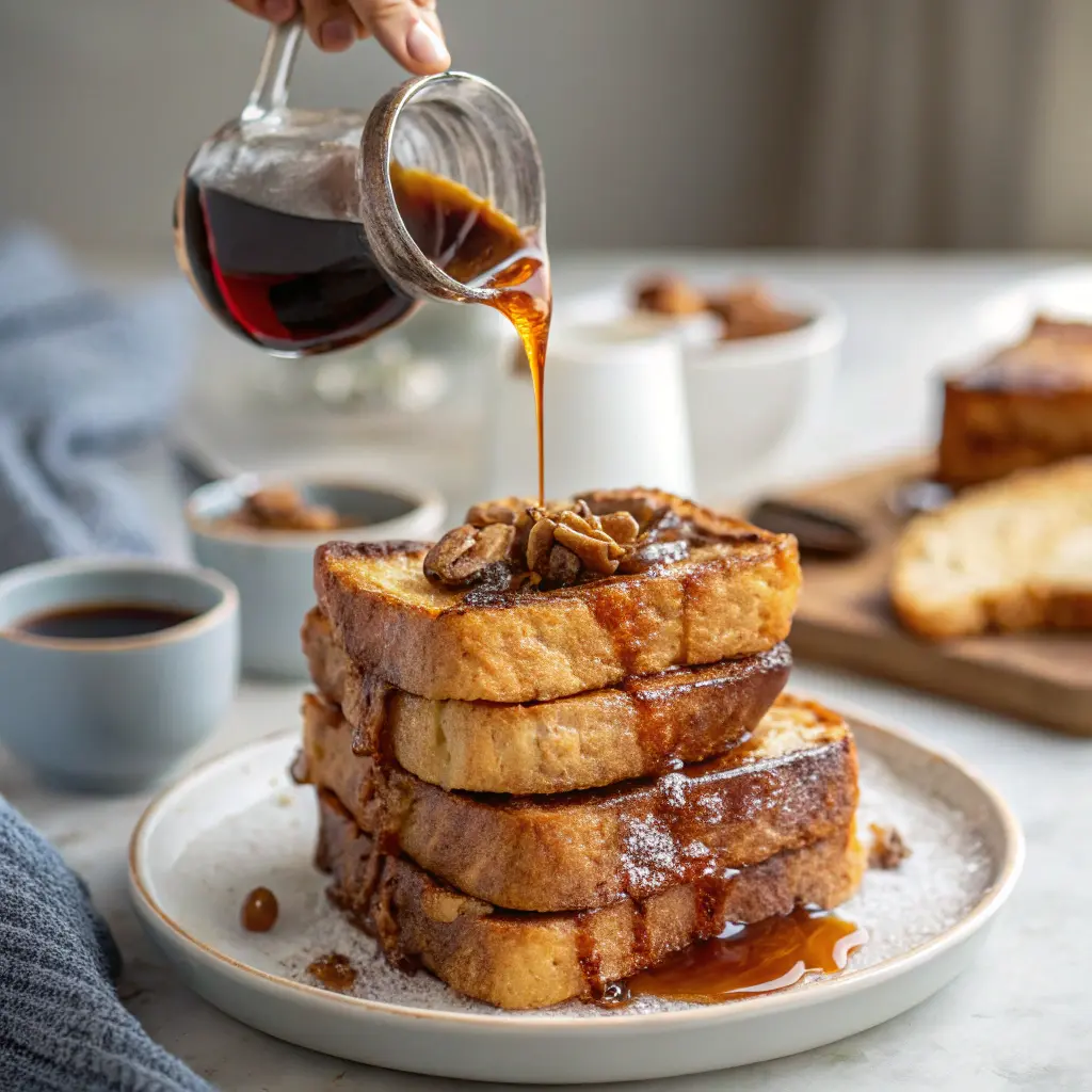 Maple syrup being poured over a stack of French Toast Cinnamon Brioche Bread, highlighting the golden-brown crust