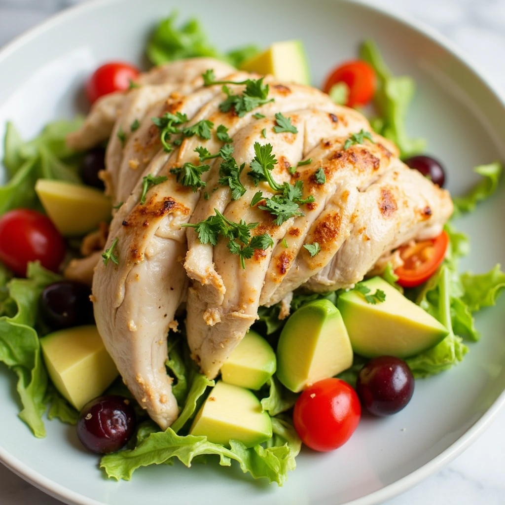 Avocado chicken salad served on a bed of greens with cherry tomatoes and a lemon wedge on the side.