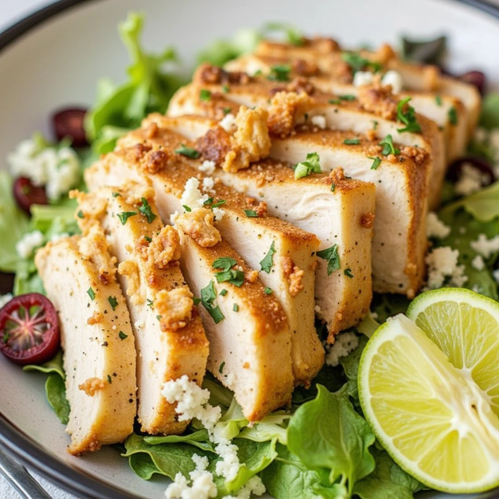 Chicken Caesar salad with romaine lettuce, shredded chicken, croutons, Parmesan cheese, and Caesar dressing.