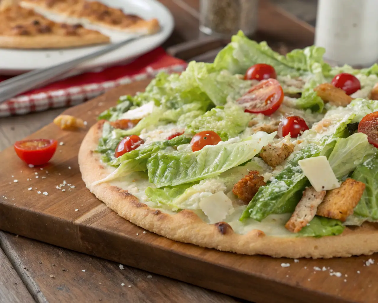 A freshly prepared chicken crust Caesar salad pizza topped with romaine lettuce, cherry tomatoes, Parmesan cheese, and a drizzle of Caesar dressing, highlighting low-calorie and keto-friendly benefits