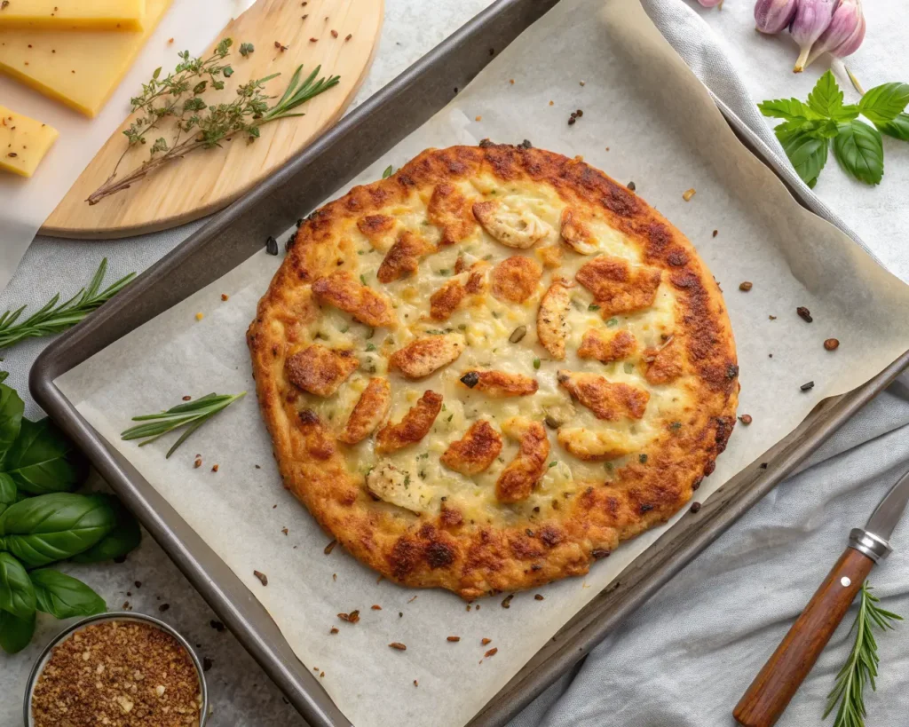 A freshly prepared chicken crust Caesar salad pizza topped with romaine lettuce, cherry tomatoes, Parmesan cheese, and a drizzle of Caesar dressing, highlighting low-calorie and keto-friendly benefits