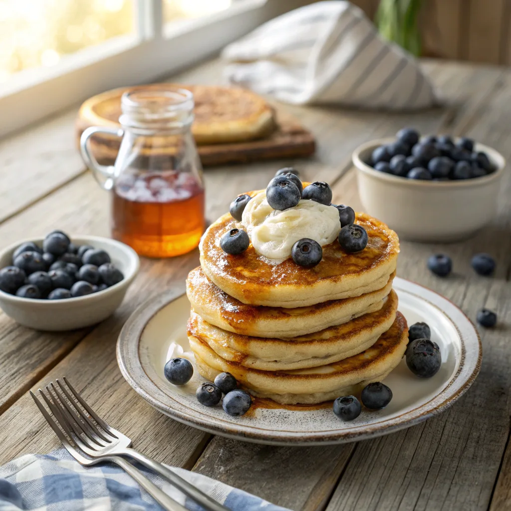 A stack of golden, fluffy blueberry pancakes topped with fresh blueberries, a drizzle of maple syrup, and whipped cream, served on a rustic wooden table with additional fresh blueberries and a small syrup jug.