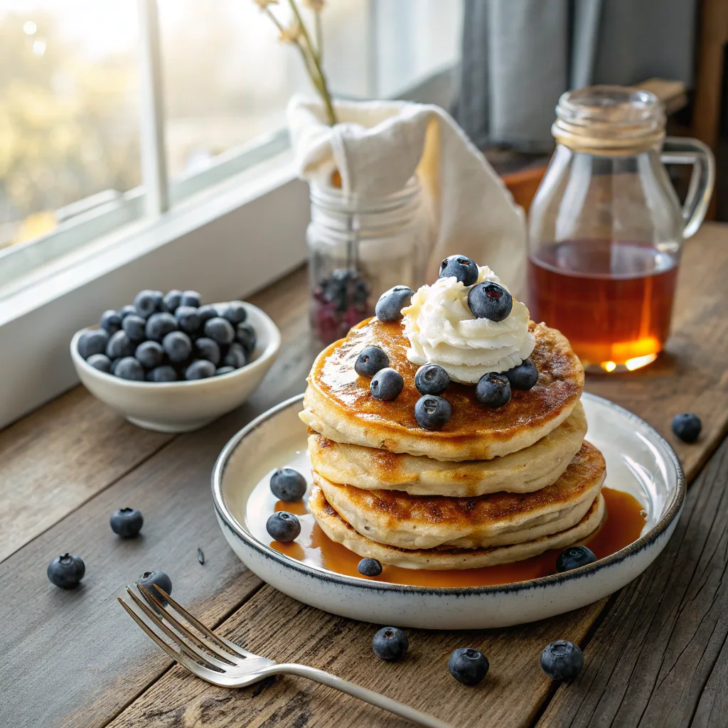 A stack of golden, fluffy blueberry pancakes topped with fresh blueberries, a drizzle of maple syrup, and whipped cream, served on a rustic wooden table with additional fresh blueberries and a small syrup jug.