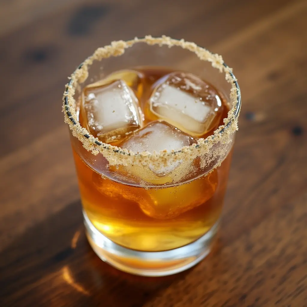 A glass of Buttery Nipple cocktail with ice cubes and a sugar-rimmed edge, placed on a wooden table.