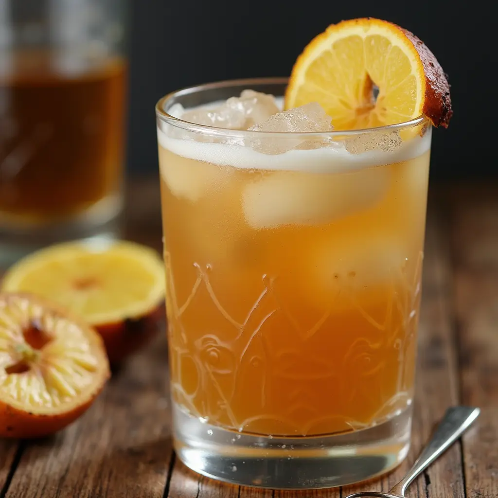 A glass of Buttery Nipple cocktail with ice cubes, garnished with a fresh orange slice, placed on a wooden table.