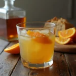 Buttery Nipple cocktail with orange slices and ice, set on a wooden table with a bottle and bread in the background.