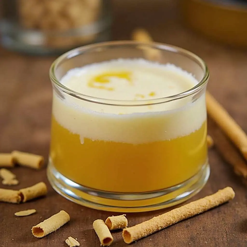 A creamy Buttery Nipple cocktail in a glass, surrounded by wafer sticks on a wooden surface.