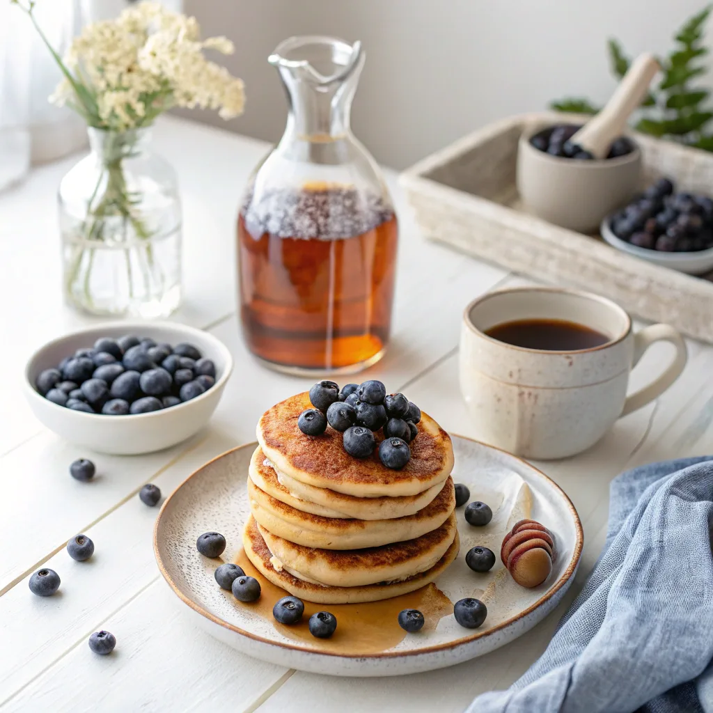 A stack of golden, fluffy blueberry pancakes topped with fresh blueberries, a drizzle of maple syrup, and whipped cream, served on a rustic wooden table with additional fresh blueberries and a small syrup jug.