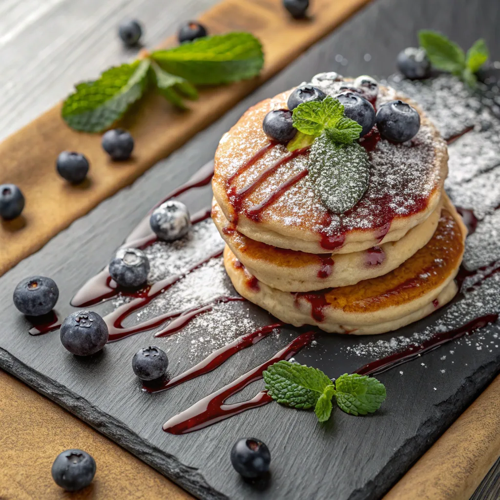 A stack of golden, fluffy blueberry pancakes topped with fresh blueberries, a drizzle of maple syrup, and whipped cream, served on a rustic wooden table with additional fresh blueberries and a small syrup jug.