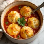 Golden, fluffy Bisquick dumplings served in a hearty stew, perfect for a comforting meal.