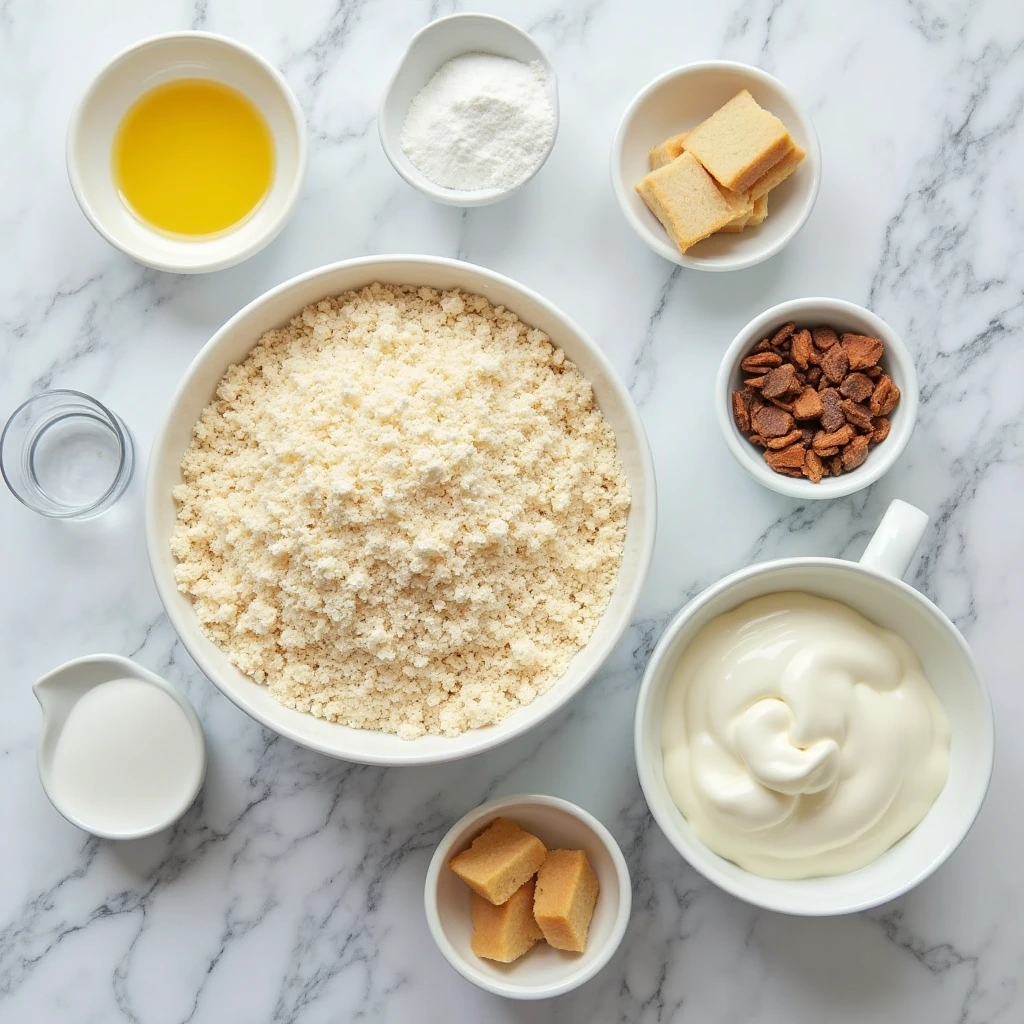 Flat lay of ingredients for Bisquick dumplings Recipe: Bisquick mix, milk, herbs, and shredded cheese.