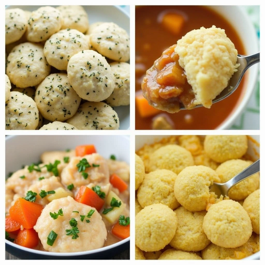 Collage of Bisquick dumpling variations: herb-infused, cheese dumplings, and garlic dumplings, served with chicken stew, vegetable soup, and casserole.