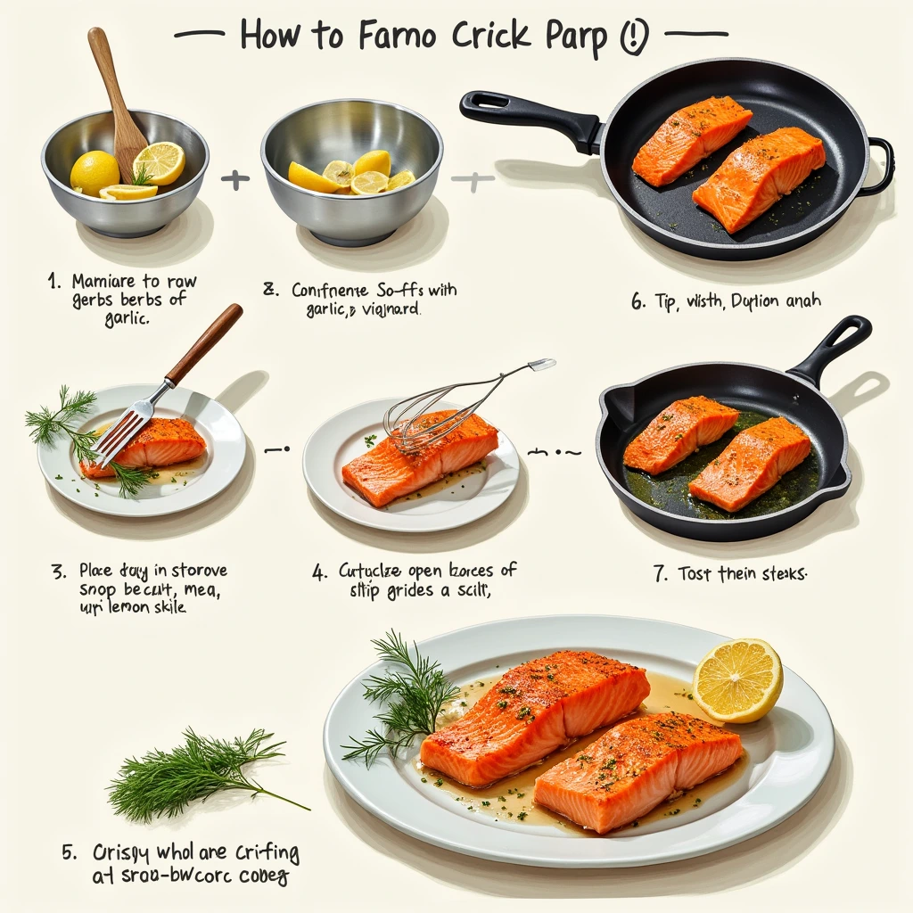 tep-by-step cooking process for salmon steak Recipe, including marinating with herbs and lemon, searing in a skillet, and flipping to achieve a golden crust.