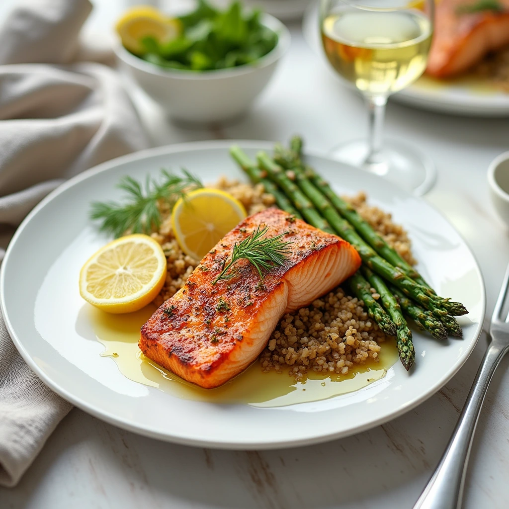 Salmon steak Recipe served with roasted asparagus, quinoa, and garnished with fresh dill and lemon wedges on a white plate, accompanied by a glass of white wine.